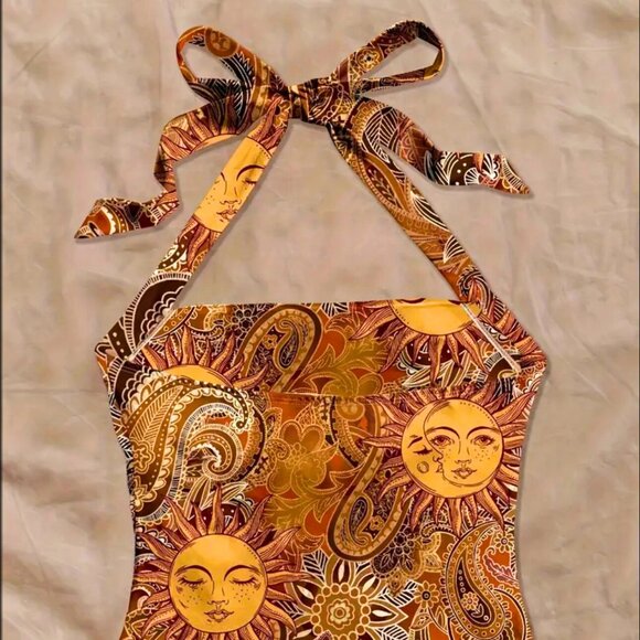 NWOT Golden Sun Paisley Halter Tankini Top Swimsuit, Unlined, Size L - Picture 3 of 6